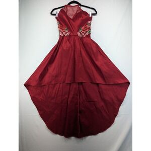 Social Couture Burgundy Red Floral Embroidered High-Low Halter Gown Dress Small